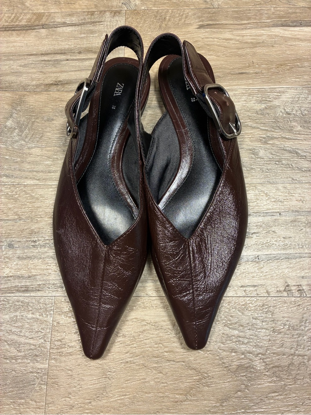 ZARA Leather Chocolate Big Buckle Pointy Mules Flats Slingback
